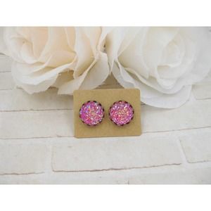 Pink Druzy Stud Earrings Handmade Jewelry
